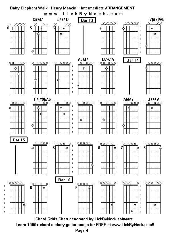 Chord Grids Chart of chord melody fingerstyle guitar song-Baby Elephant Walk - Henry Mancini - Intermediate ARRANGEMENT,generated by LickByNeck software.